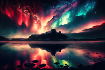 Northern nature's nebula and the aurora borealis in a starry sky with a sea of water reflecting a sunset. Generative AI