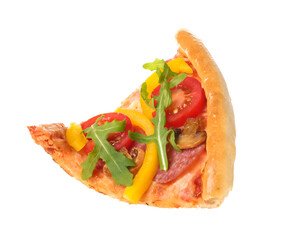 Slice of tasty pizza with sausage, mushrooms and arugula on white background