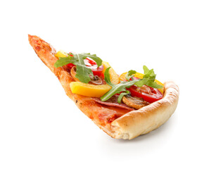 Slice of tasty pizza with sausage, mushrooms and arugula on white background