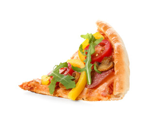 Slice of tasty pizza with sausage, mushrooms and arugula on white background