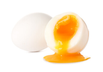 Soft boiled eggs on white background
