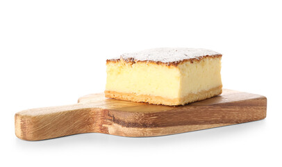 Cutting board with piece of cheese pie on white background