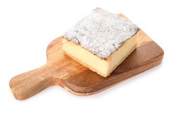 Cutting board with piece of cheese pie on white background
