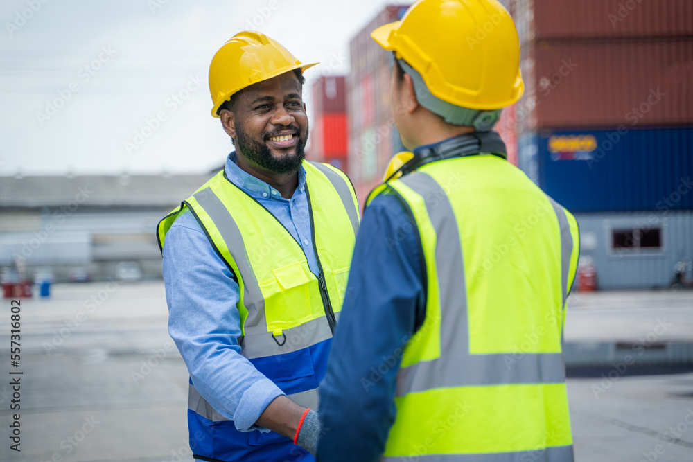 Poster teamwork and determination to succeed import and export logistics container,success and winning conc
