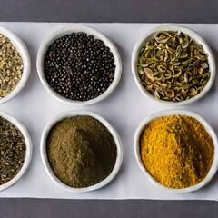 variety of spices in a ceramic bowls