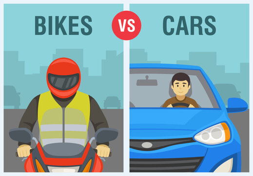 Bikes vs cars: which is better on roads. Safe driving tips and traffic regulation rules. Close-up of motorcycle rider and car driver. Flat vector illustration tempplate.
