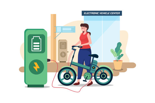 Woman Charges The Electric Bike At Electronic Vehicle Center