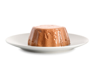 Delicious chocolate pudding on plate isolated on white background