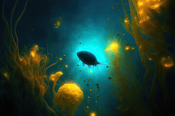Obraz premium Blue fluorescent plankton in a dark sea with a backdrop of golden light. Generative AI