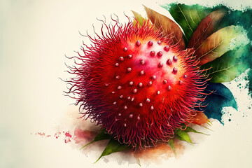 Close up of a red rambutan fruit Digital and watercolor painting Clipping Path artwork from Illustrator is excellent for backgrounds or wallpaper. Generative AI