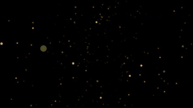 Golden shimmering particles rise smoothly to the top on a black screen. Abstract looped animation with bokeh glowing dots. Stock clip decoration in 4k with alpha channel.