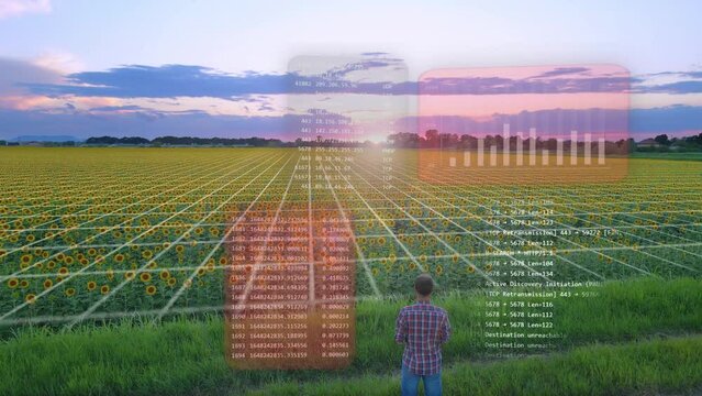 Farmer analyzing his food production by using smart farming technology - 3D render