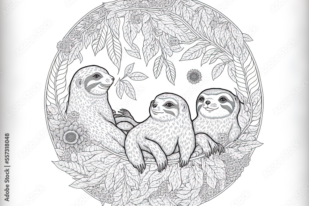 Poster sloths in a funny circular design for coloring books. a based image. generative ai