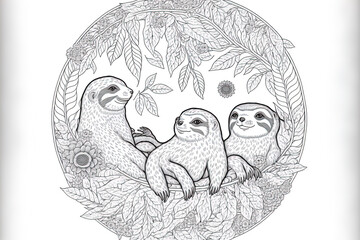 Sloths in a funny circular design for coloring books. a based image. Generative AI