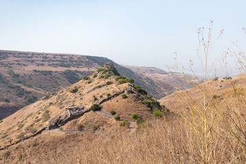 The hill  on which the ruins of the Jewish city of Gamla, destroyed during the Roman Empire, located in the Gamla Nature Reserve, Golan Heights, northern Israel