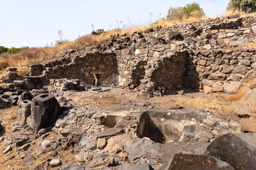 Remains  of buildings and stone walls on the ruins of the Gamla city, Golan Heights, northern Israel