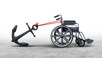 Challenges Faced By Handicapped as barriers and accessibility problems or Disabilities challenge as a wheelchair anchored representing the disadvantaged with a disability