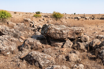 Ancient  burial and cult structure belonging to category of megaliths - structures made of large stones in Gamla Nature Reserve, Golan Heights, northern Israel