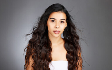 Hair, hair care and woman, face and beauty, glow and shine with keratin treatment. Cosmetic mockup,...