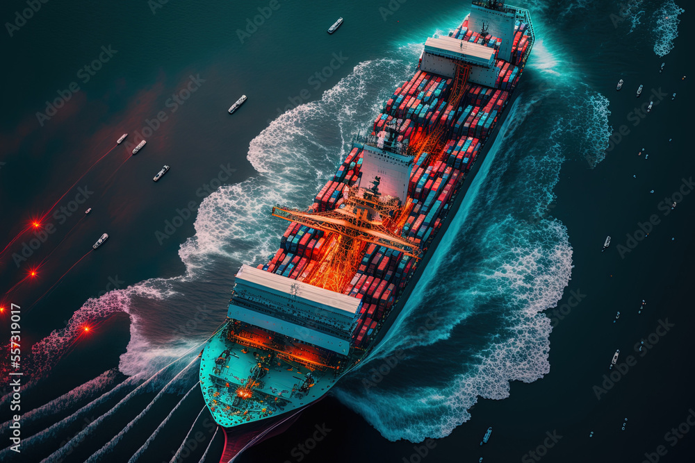 Poster aerial view of a freight ship using wifi line technology that is transporting containers and exporti