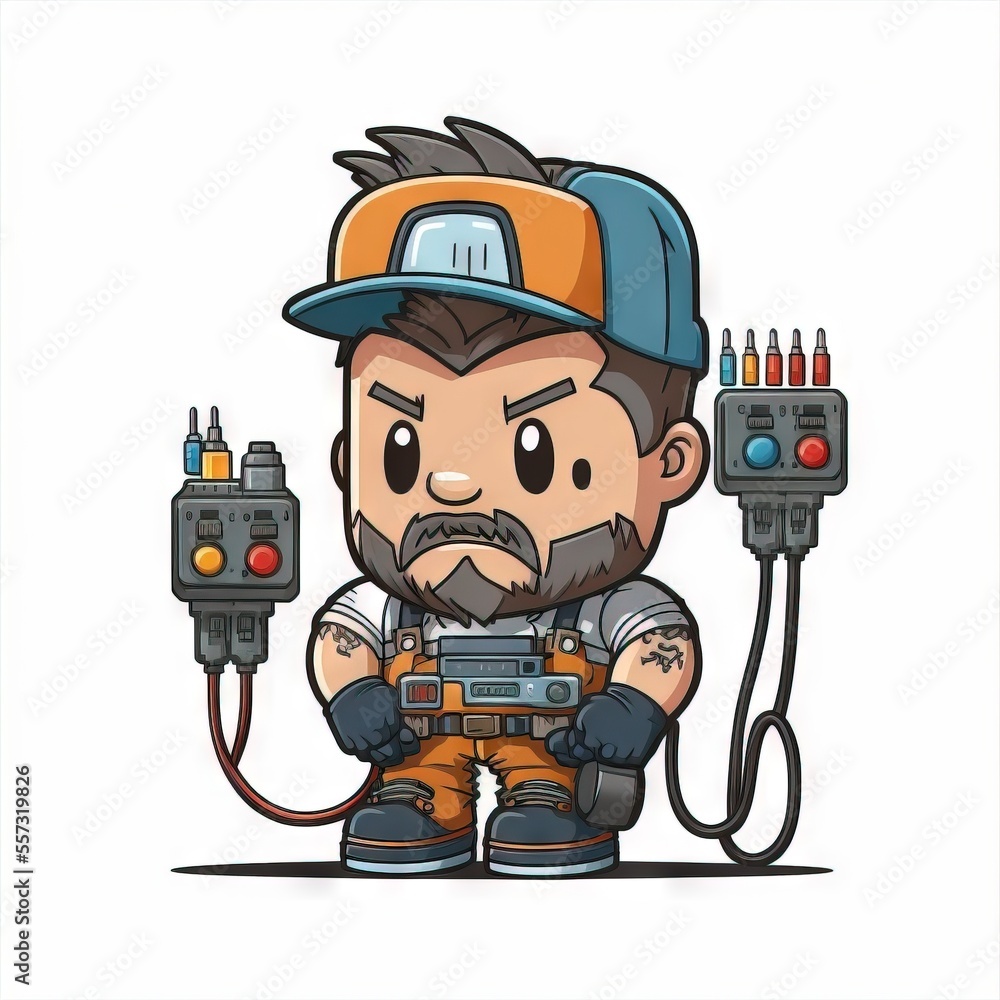 Poster a cartoon character with a beard and a hat on holding a radio and a cord with two wires attached to 