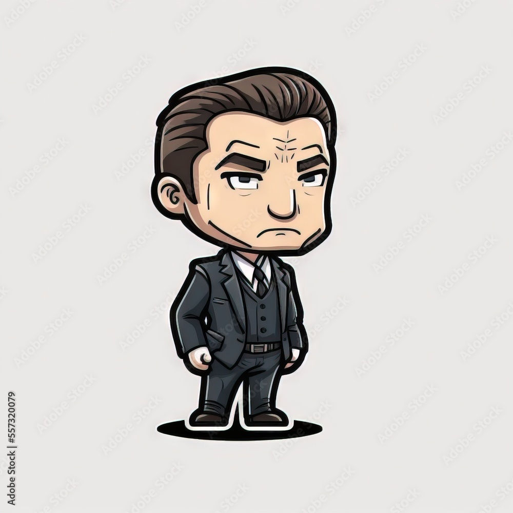 Poster a cartoon character with a suit and tie on a white background with a gray background and a black and