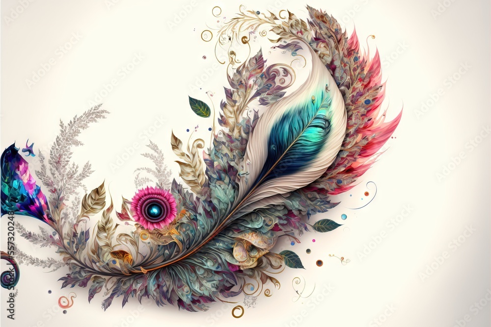 Poster a colorful feather with a decorative design on it's side and a blue eye on the side of the feather. 