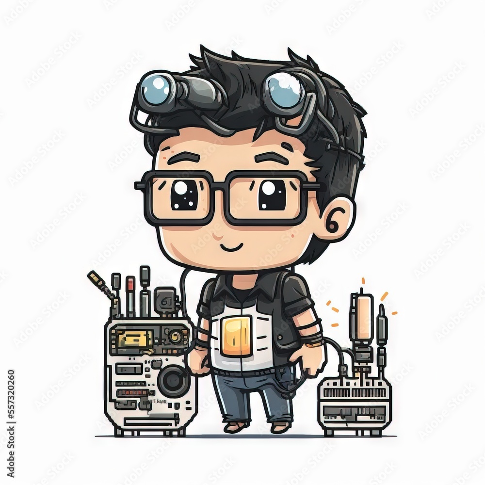 Poster a cartoon character with a radio and a radio tower in the background. generative ai