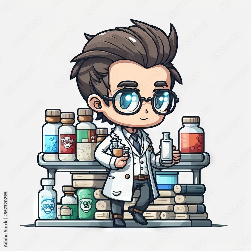 Poster a cartoon character holding a flask of liquid in front of a shelf of bottles and jars of liquid. gen
