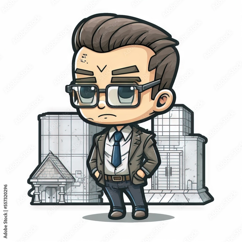 Poster a cartoon character with glasses and a suit on standing in front of a building with a clock on it. g