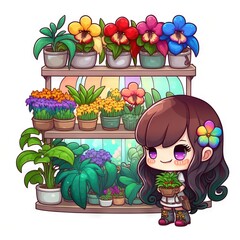  a girl with flowers in a flower shop illustration by alex krawczyzka on devi devi devi devi devi devi devi devi devi devie. Generative AI - obrazy, fototapety, plakaty