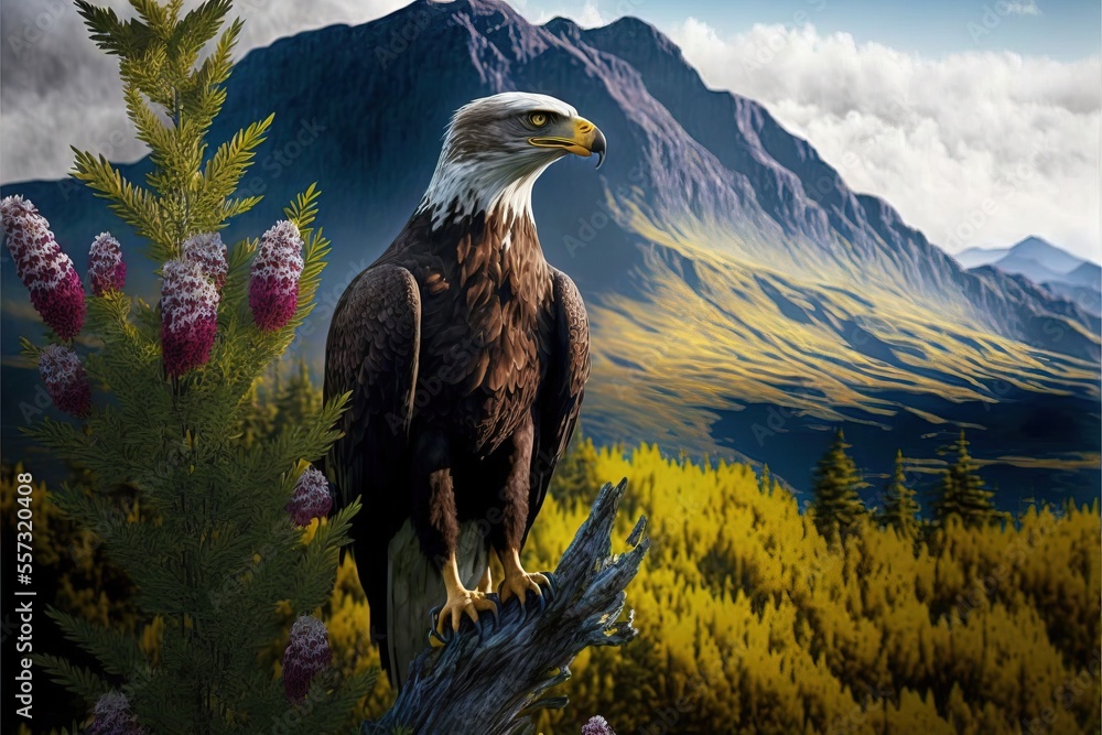 Poster a painting of a bald eagle perched on a tree branch in front of a mountain range with flowers and a 
