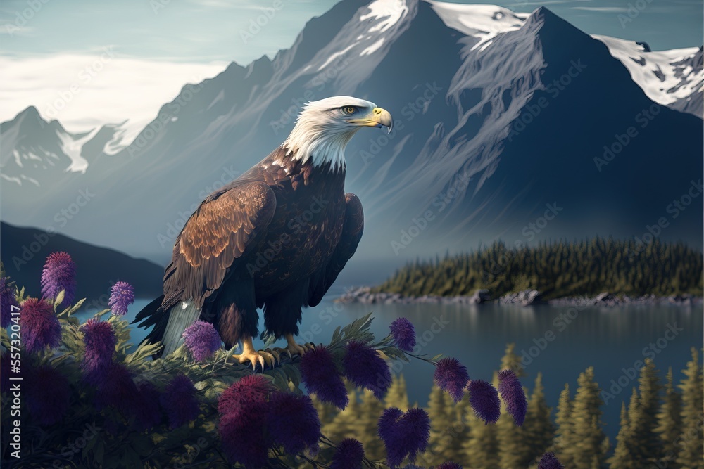 Poster a bald eagle perched on a branch with mountains in the background and flowers in the foreground. gen