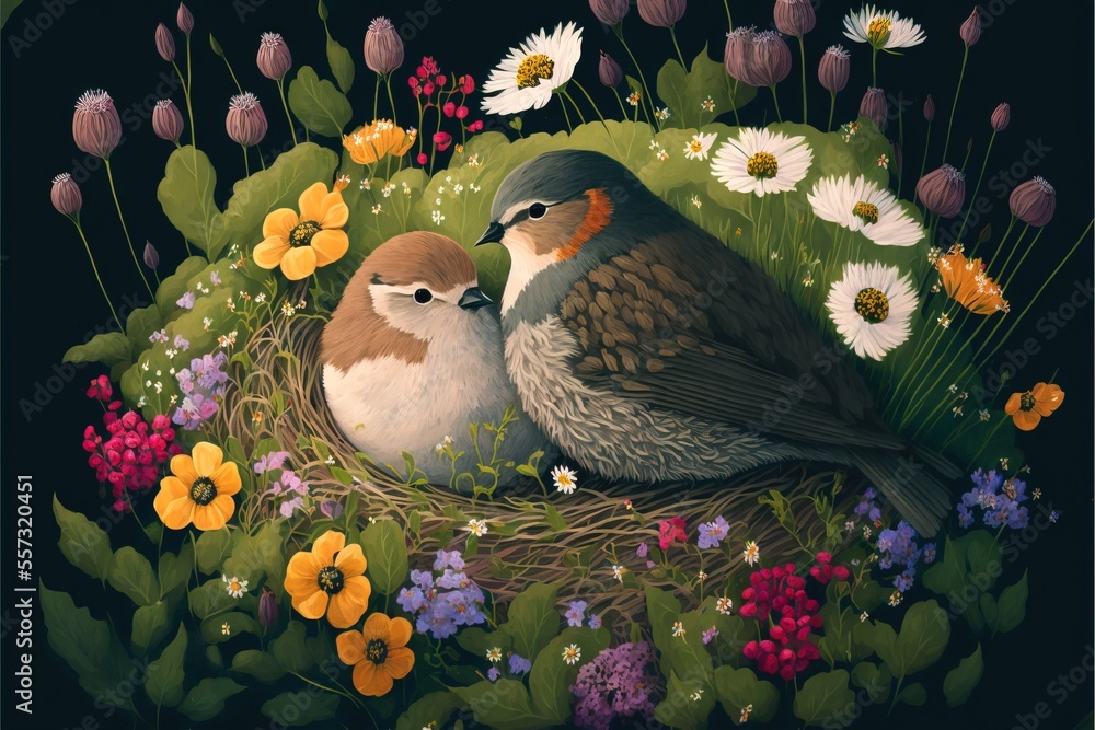 Poster a painting of two birds sitting on a nest in a field of flowers and daisies with a third bird standi