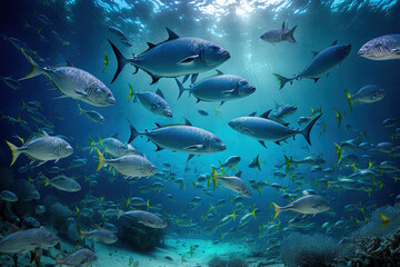 Fototapeta na wymiar Many underwater caranx, a vast fish population, the underwater environment, and the ocean biological system. Generative AI