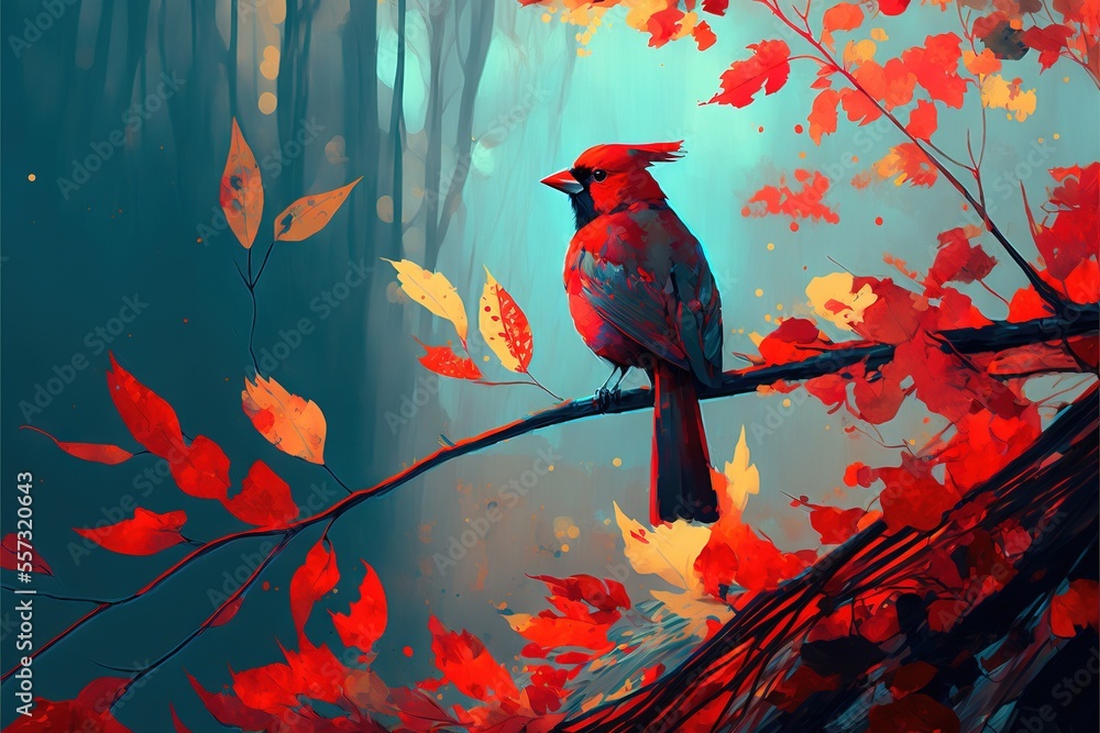 Poster a bird sitting on a branch in a forest with leaves on it's branches and a blue sky behind it. genera
