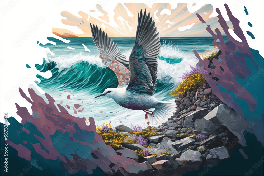 Poster a bird flying over a rocky beach next to the ocean with a wave crashing in the background and a bird