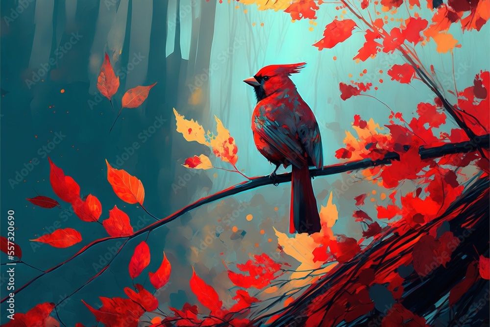 Poster a bird sitting on a branch in a forest with leaves on it's branches and a blue sky in the background
