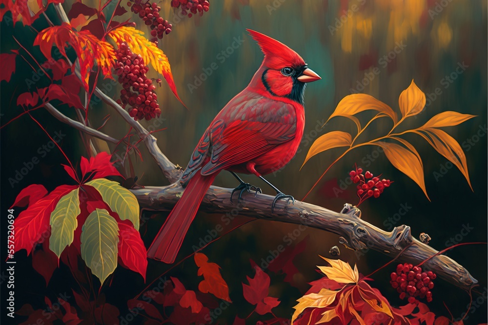 Aufkleber a red bird sitting on a branch in a forest with red leaves and berries on it's branches. generative 