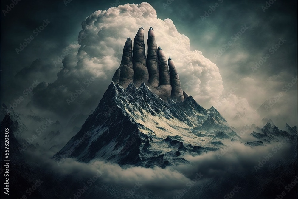 Poster  a hand reaching out to a mountain with clouds in the background and a sky filled with clouds above it. Generative AI