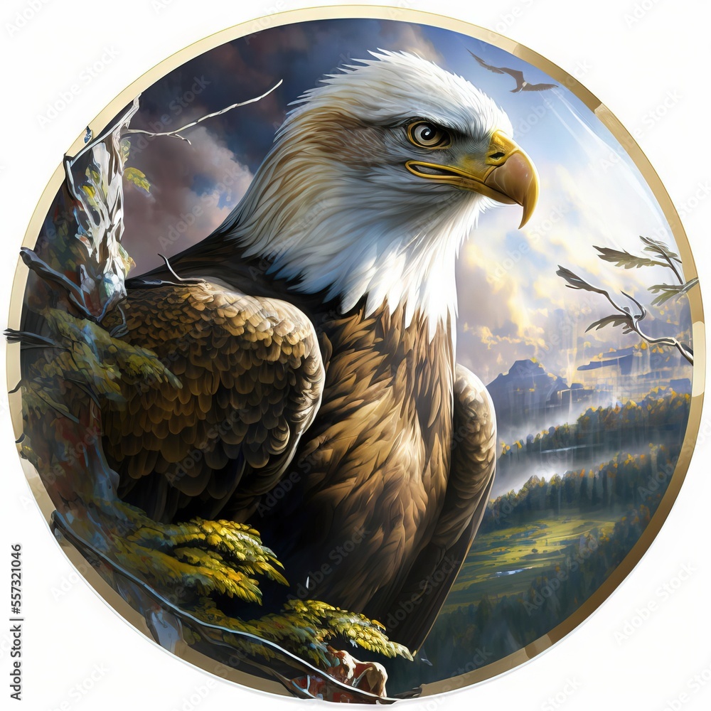 Poster a painting of an eagle sitting on a tree branch with a mountain in the background and a sky with clo