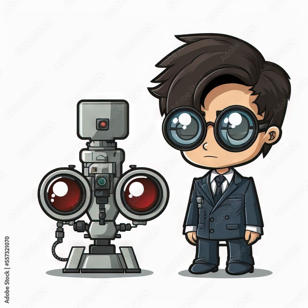 Poster a cartoon boy in a suit and goggles next to a robot with a camera on it's head. generative ai