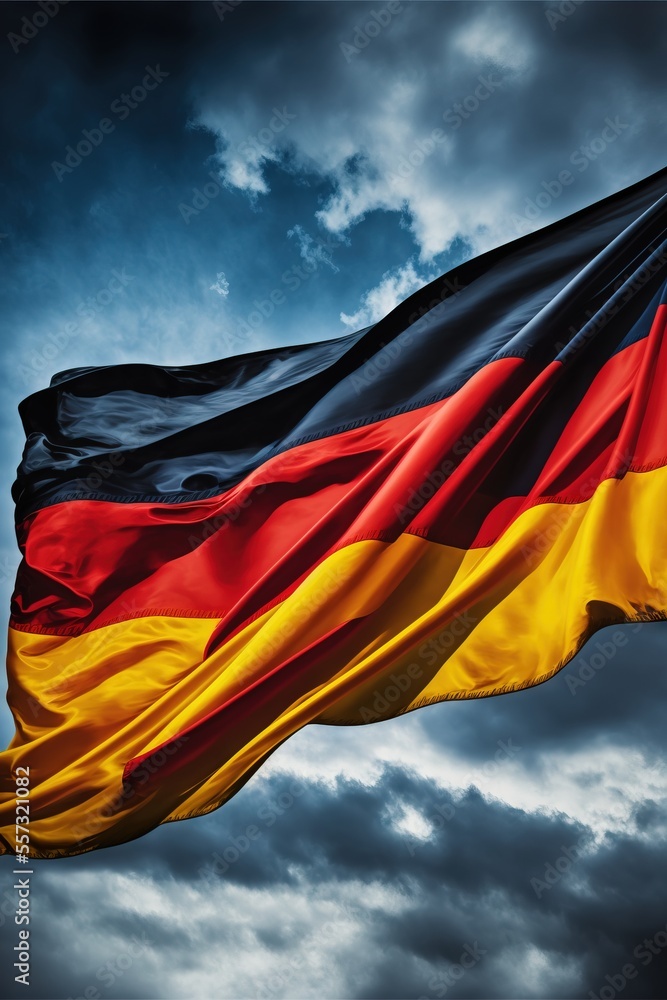 Poster a german flag flying in the sky with clouds in the background and a dark sky with clouds in the back