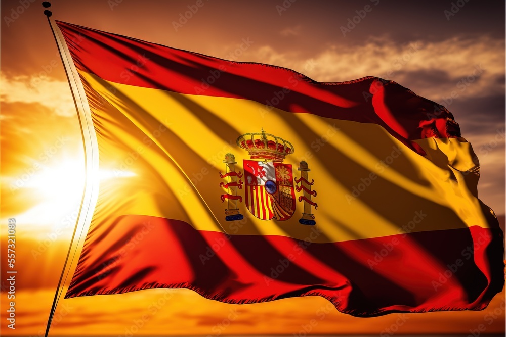 Poster a flag flying in the wind with the sun behind it and clouds in the background with a sunbeam. genera