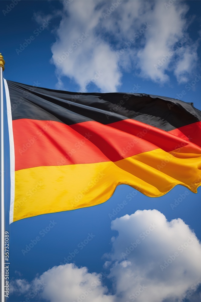Poster a flag flying in the wind with a blue sky in the background with clouds in the foreground and a yell