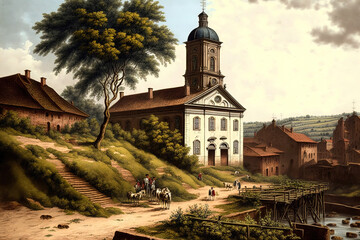 Fototapeta premium general picture of the campo de criptana, including the church and mill. Generative AI
