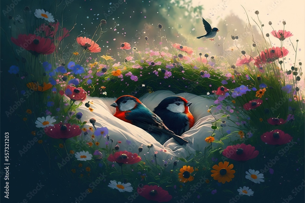 Poster two birds are laying in a field of flowers and grass with a bird flying above them and a bird flying