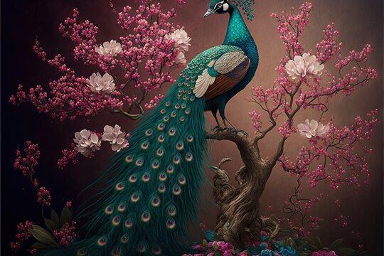  a peacock is standing on a tree branch with pink flowers in the background and a cat in the foreground. Generative AI