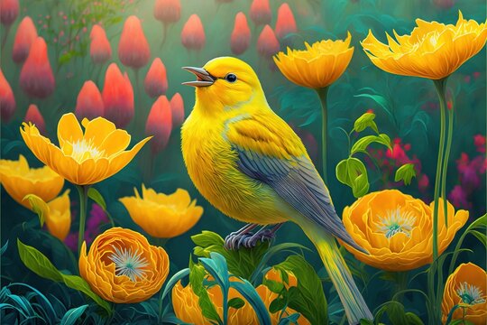  a yellow bird sitting on a flower filled field of flowers with red and yellow flowers in the background and a green field with yellow flowers. generative ai