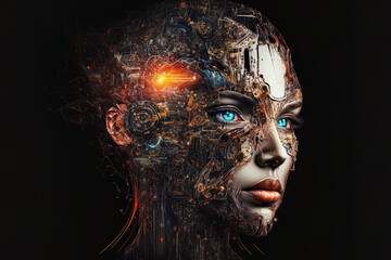 Robot or cyborg digital abstract head with artificial intelligence. Generative AI